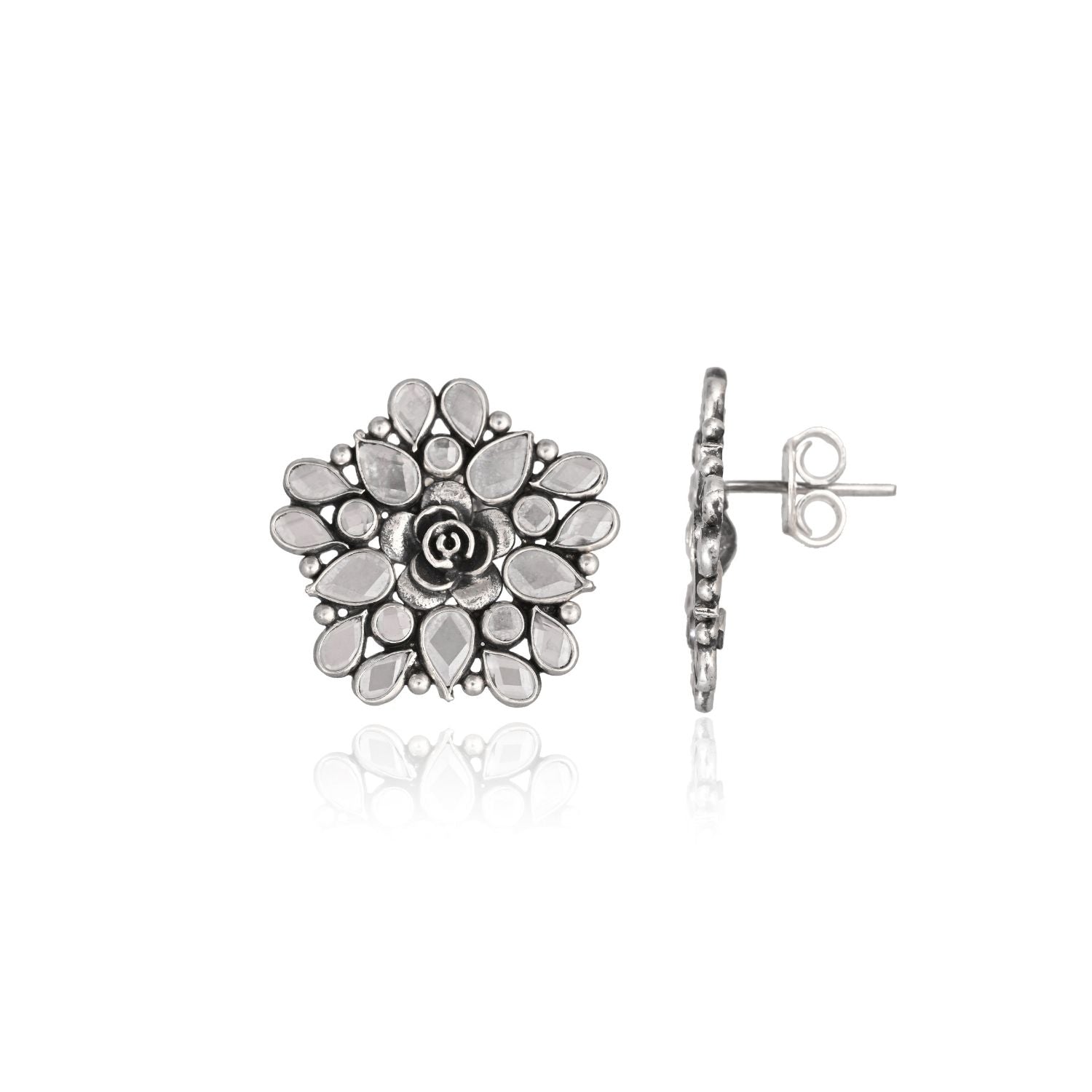 Floral Mirror-Work Oxidized Silver Stud