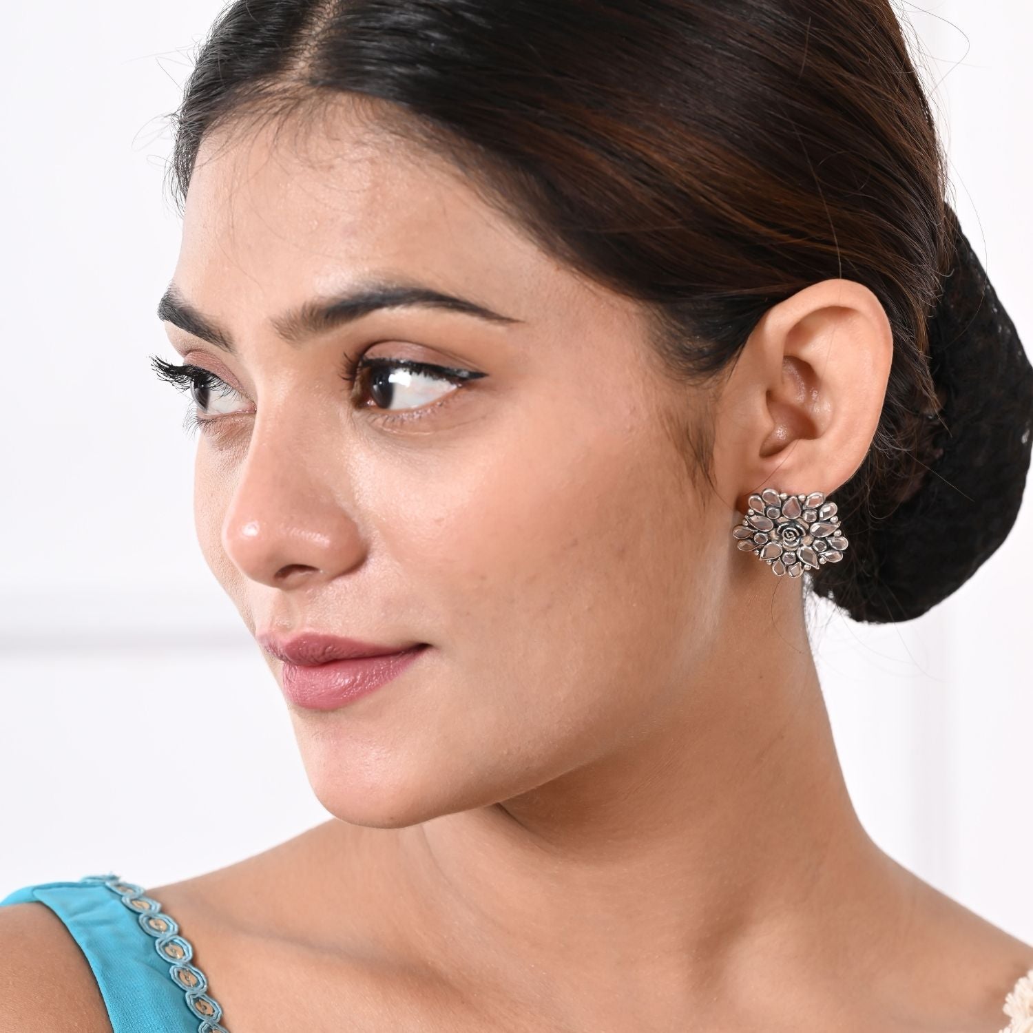 Floral Mirror-Work Oxidized Silver Stud