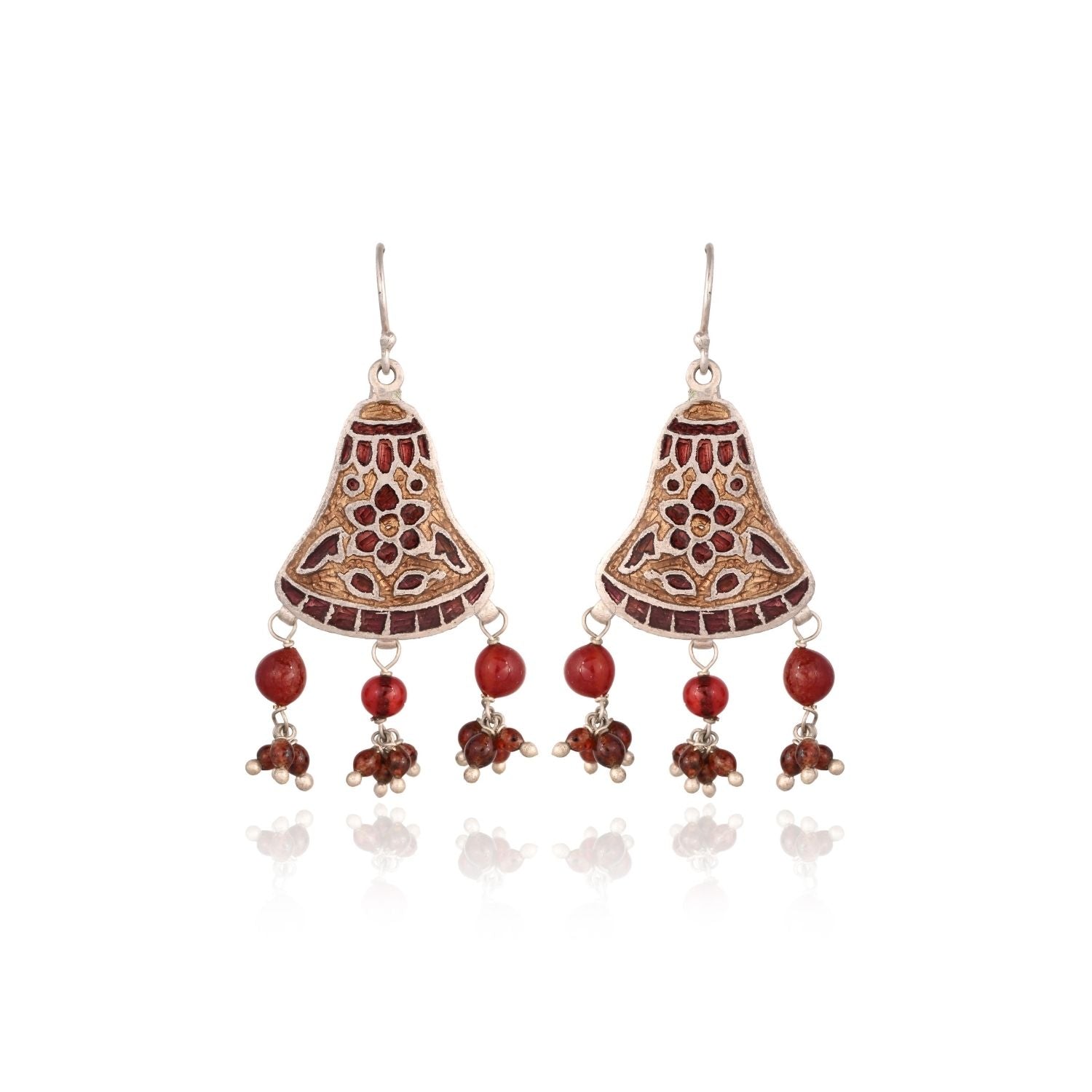 Antique Bell Jhumka Earrings with Red Bead Drops