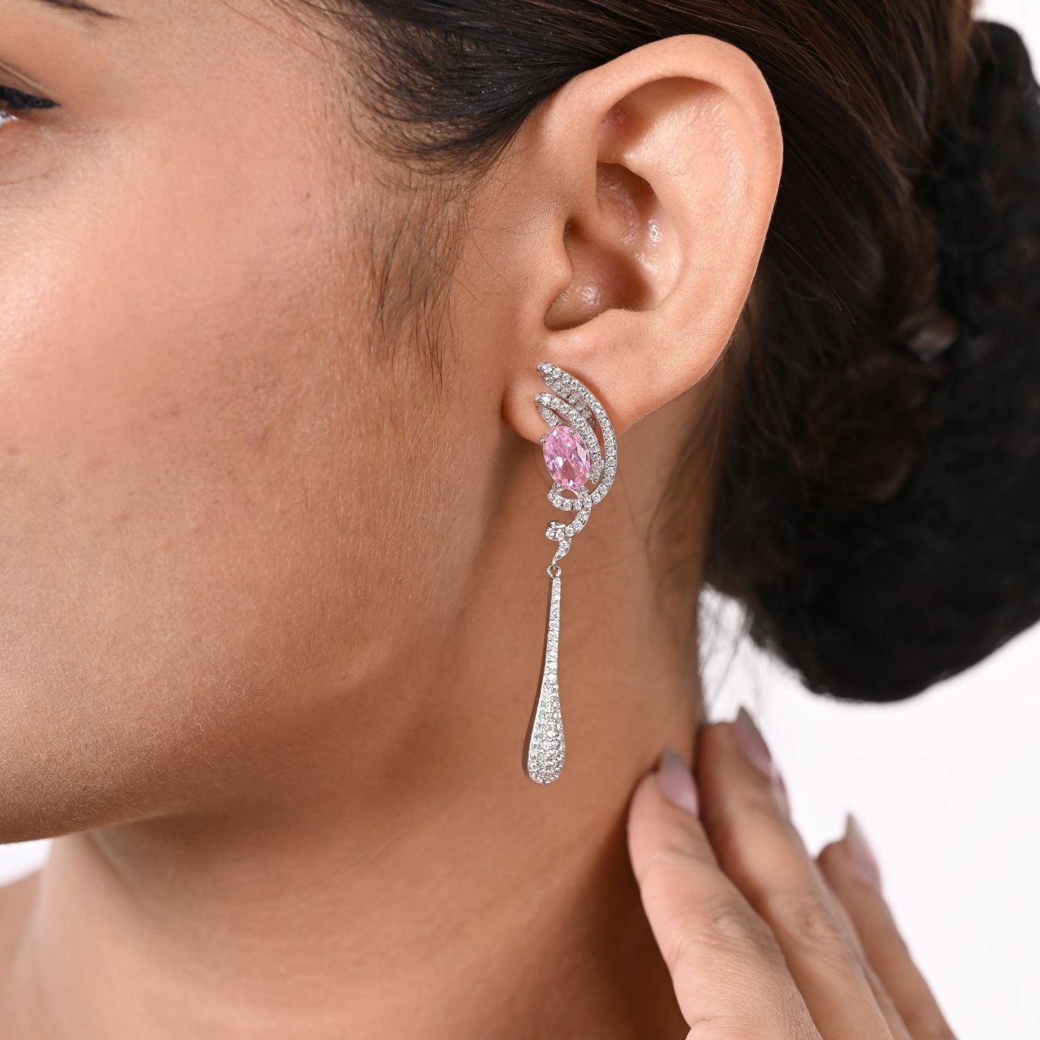 Pink Crystal Silver Cascade Dangle Earring