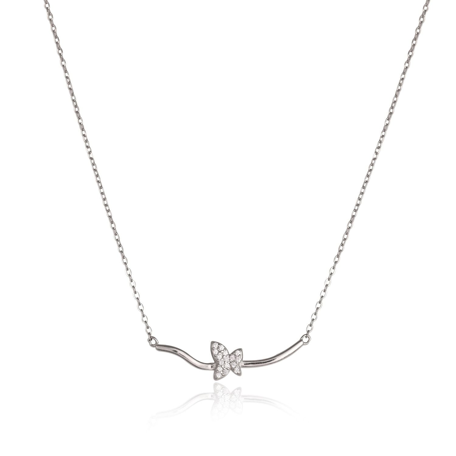 Curved-bar pendant necklace with an angel-wing charm