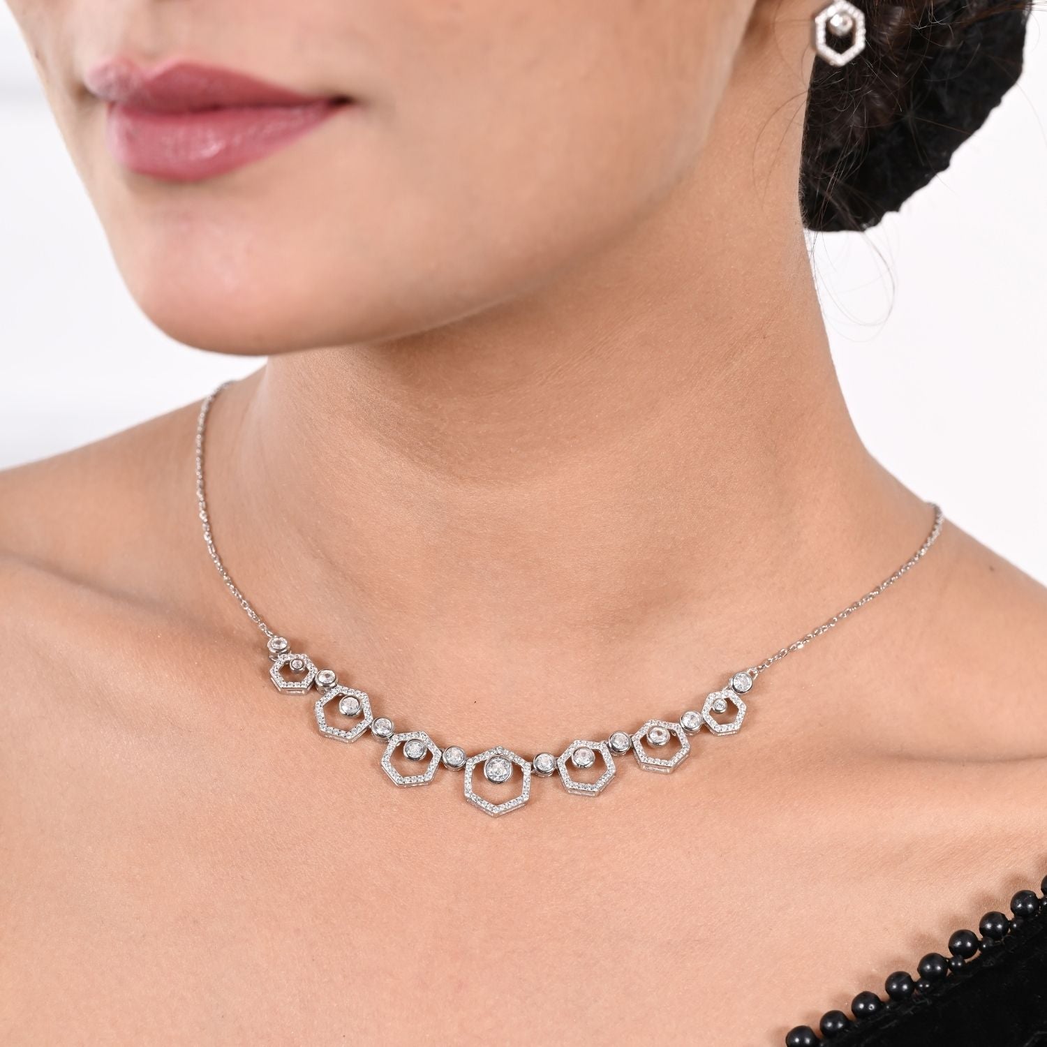 Spiral halo crystal necklace and earring set