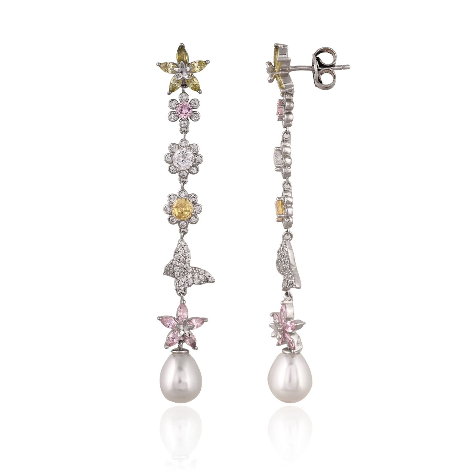 Floral Pearl Drop Silver Necklace and Earring Set