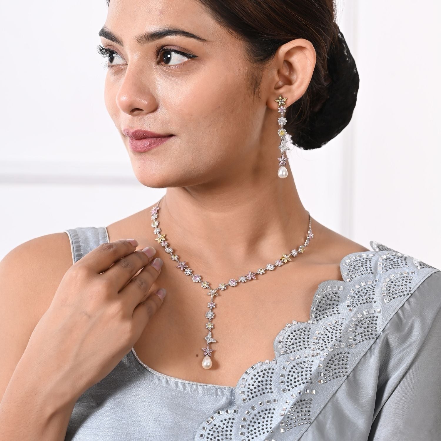 Floral Pearl Drop Silver Necklace and Earring Set