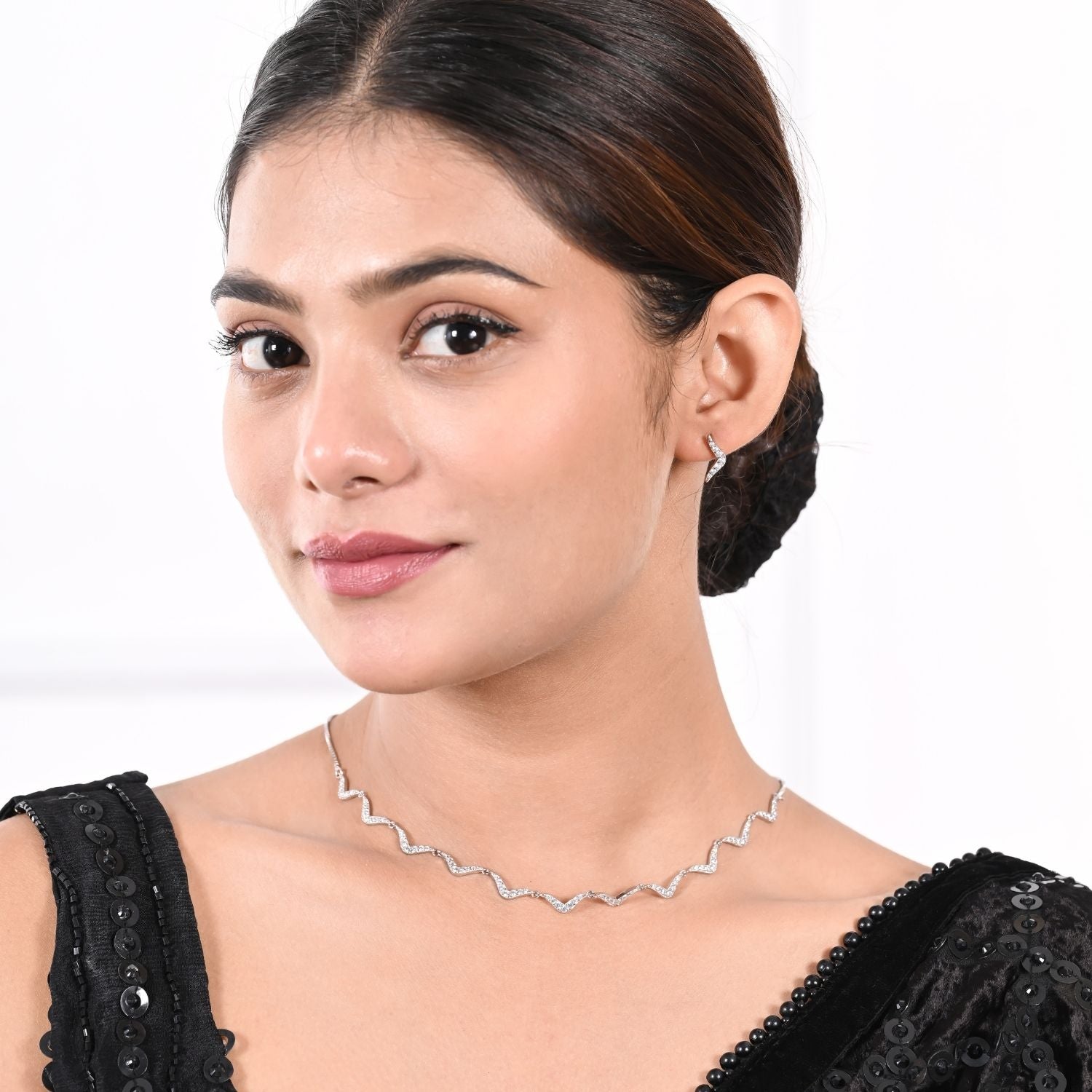 Wave-link crystal necklace and bar-drop earring set