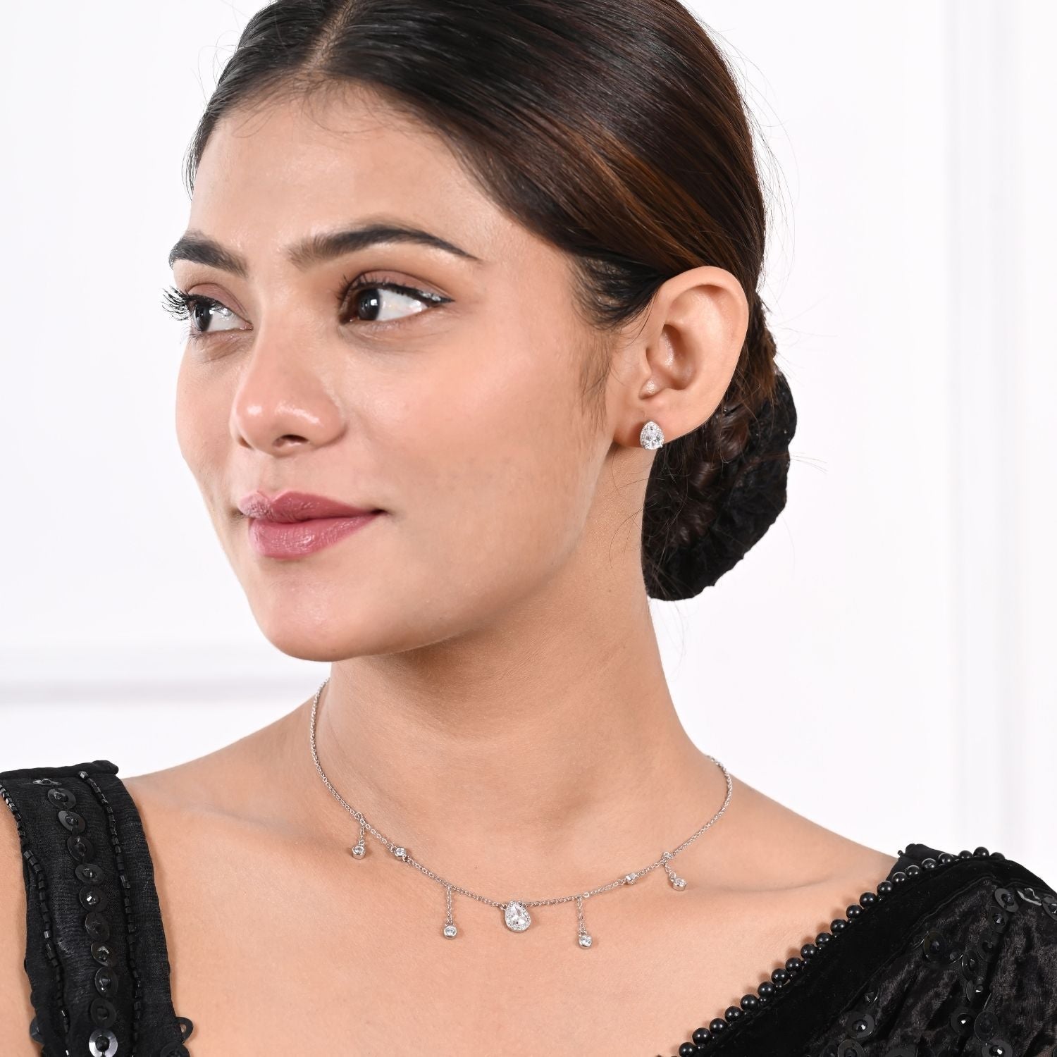 Mini halo-drop necklace and stud earring set