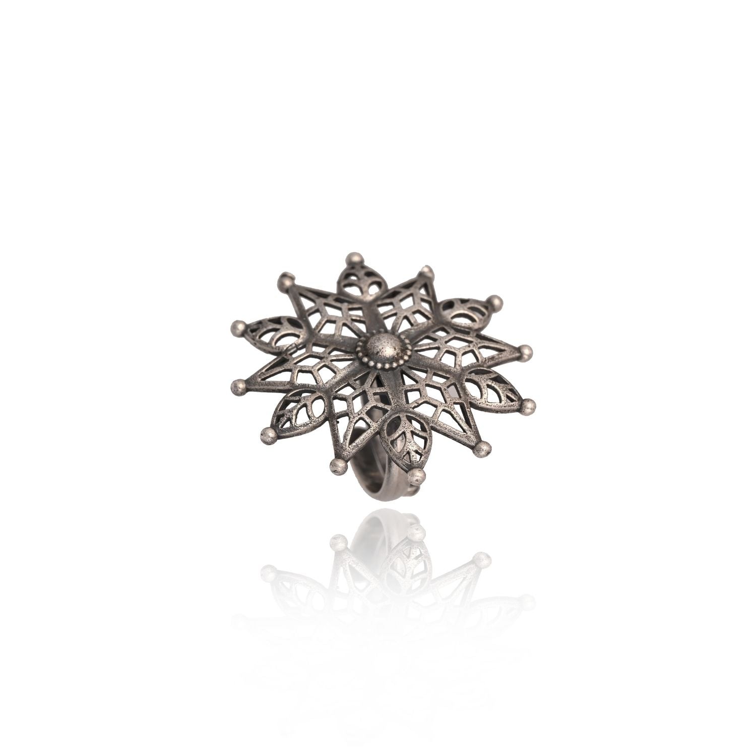 Large oxidized silver mandala ring