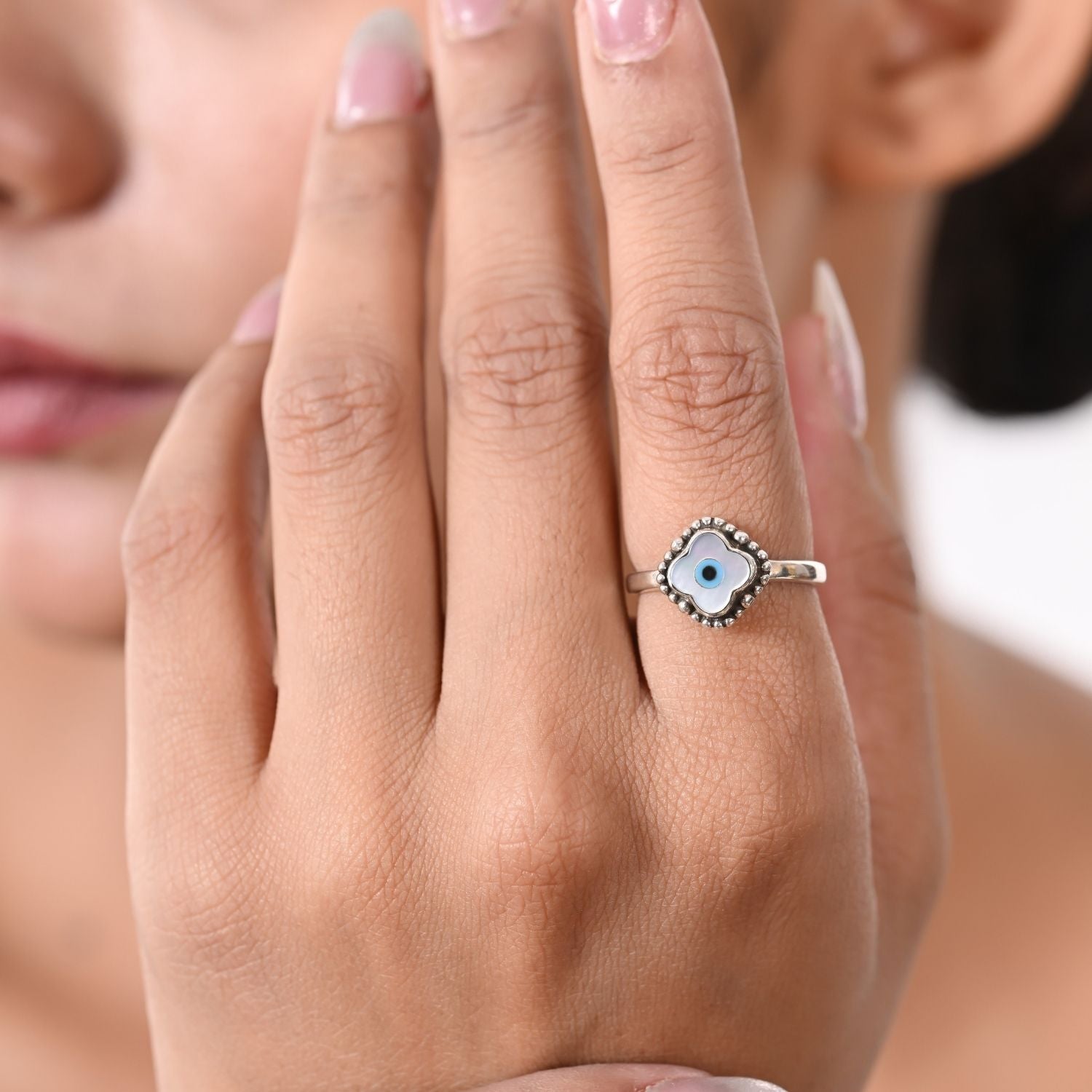 Evil-eye floral silver ring