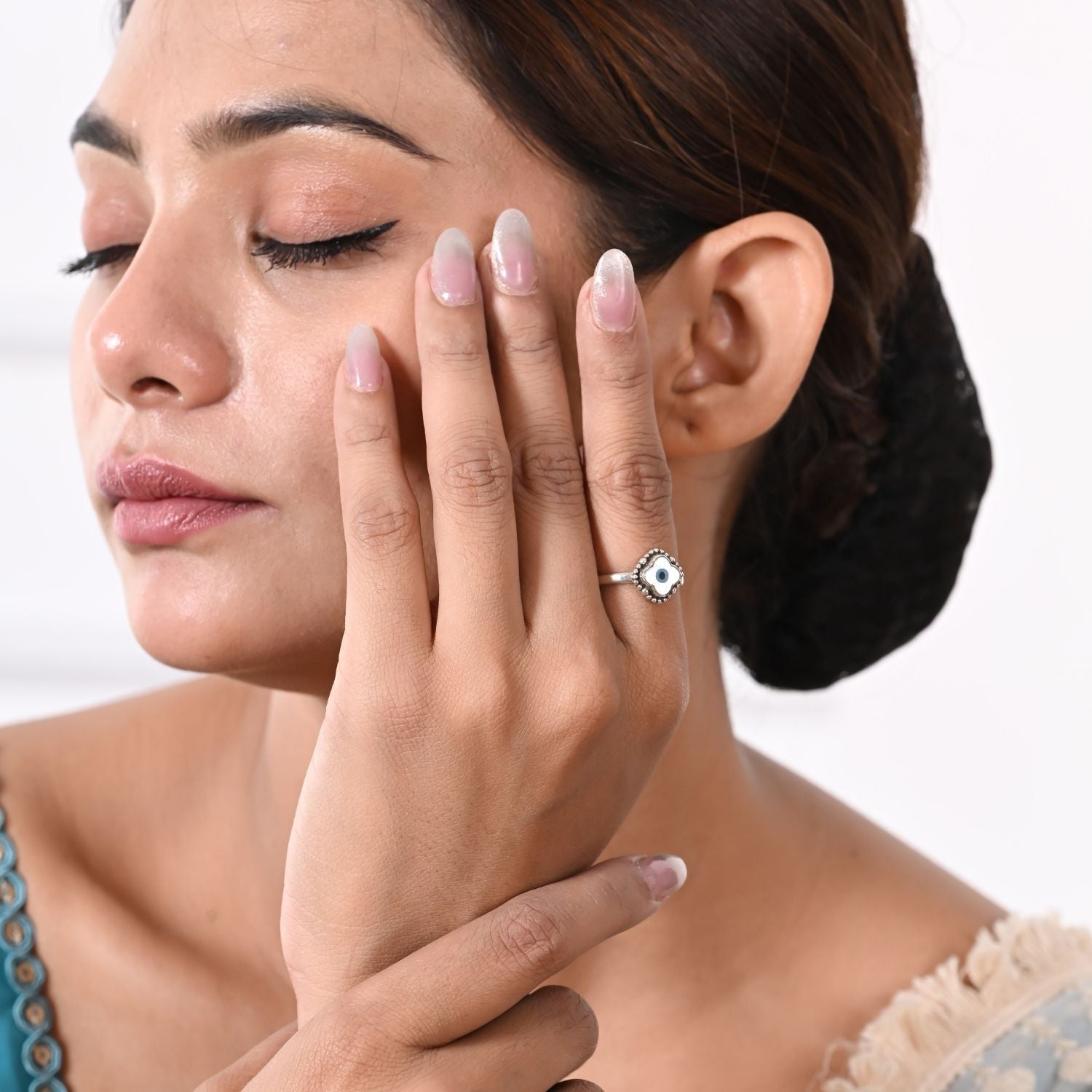 Evil-eye floral silver ring