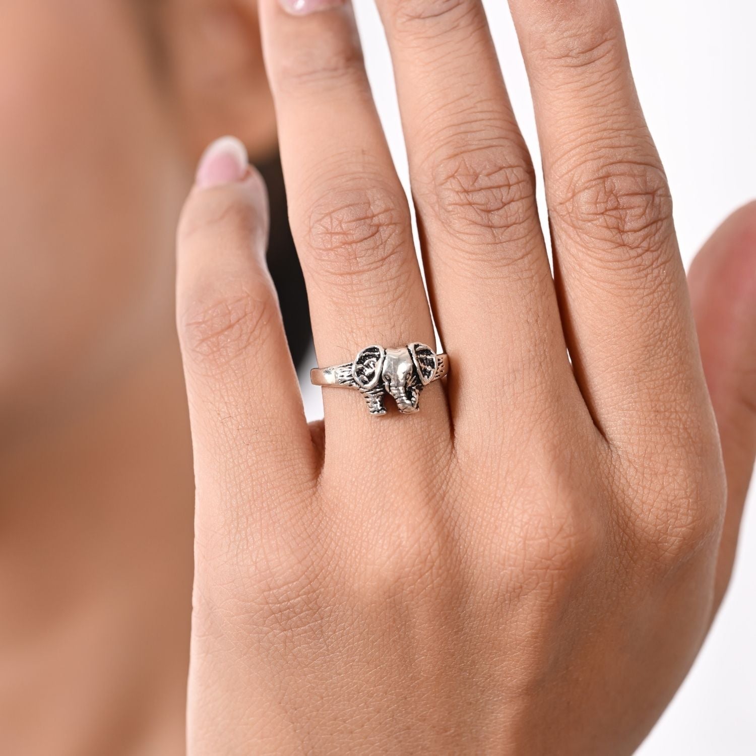 Oxidized silver elephant-head ring