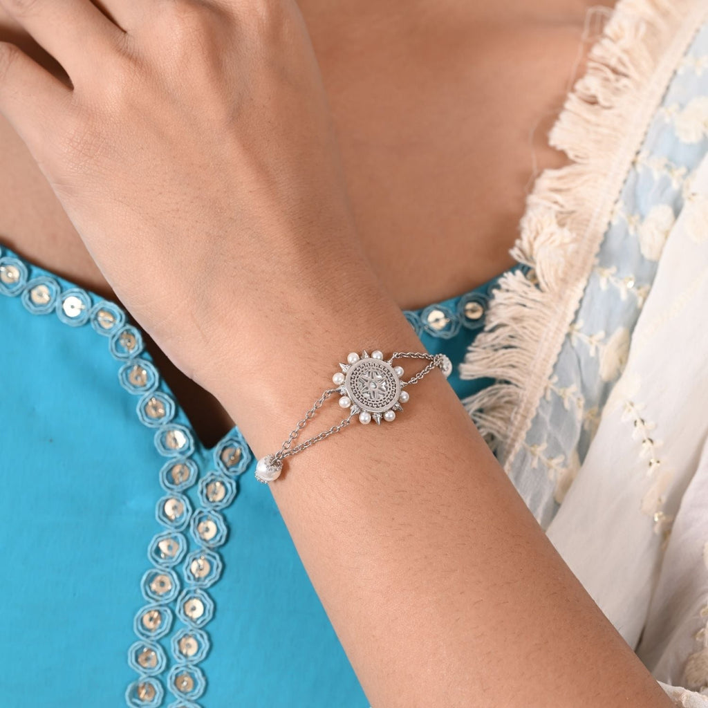 Vintage Pearl Medallion Charm Bracelet