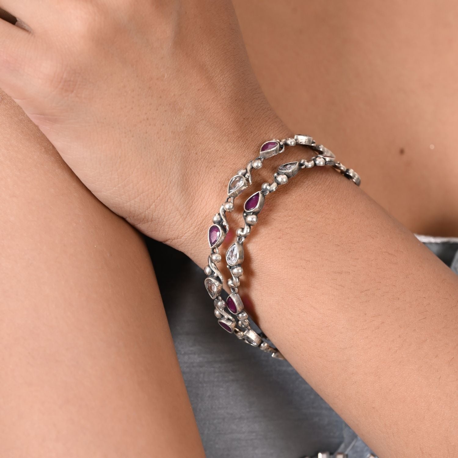 Amethyst Bloom Silver Bangles