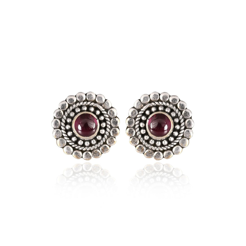 Vintage Oxidized Silver Maroon-Stone Stud