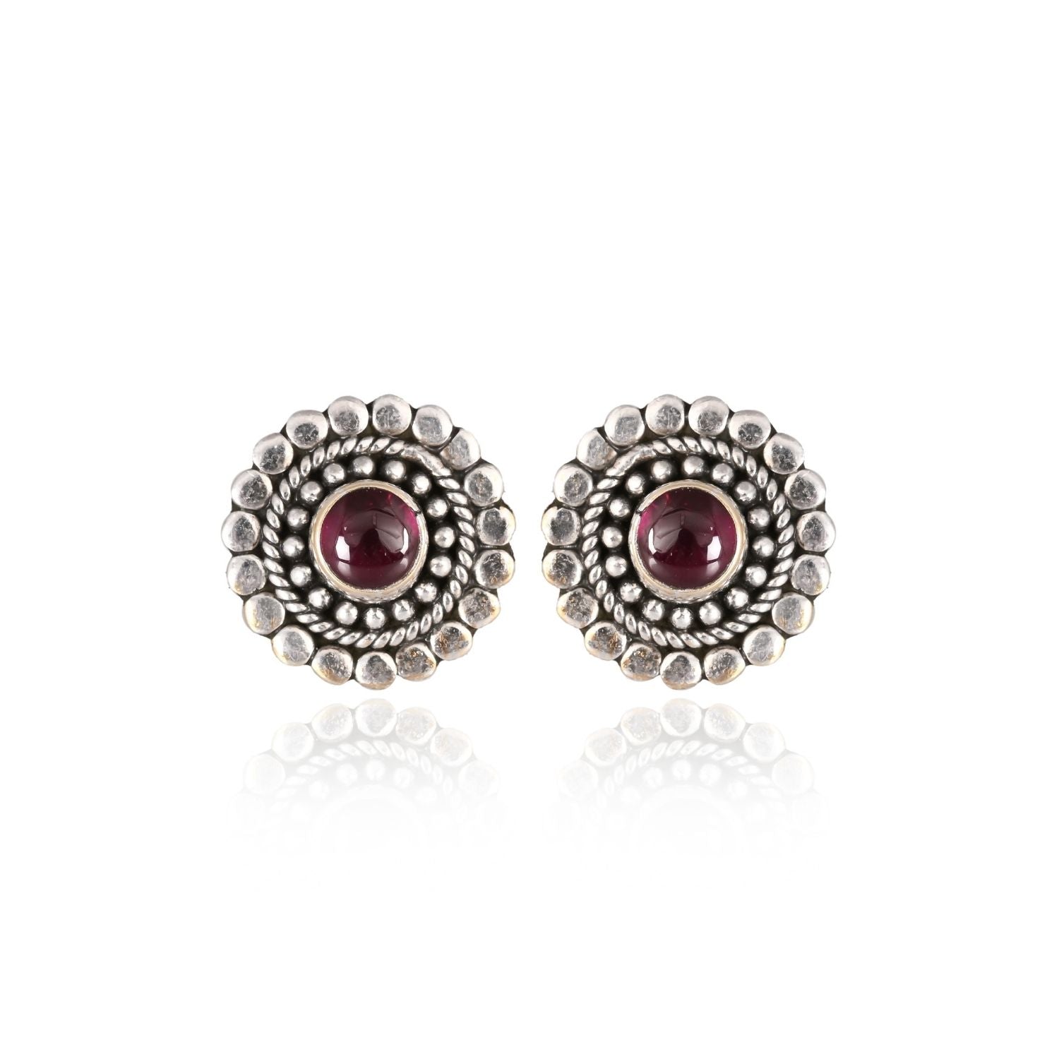 Vintage Oxidized Silver Maroon-Stone Stud