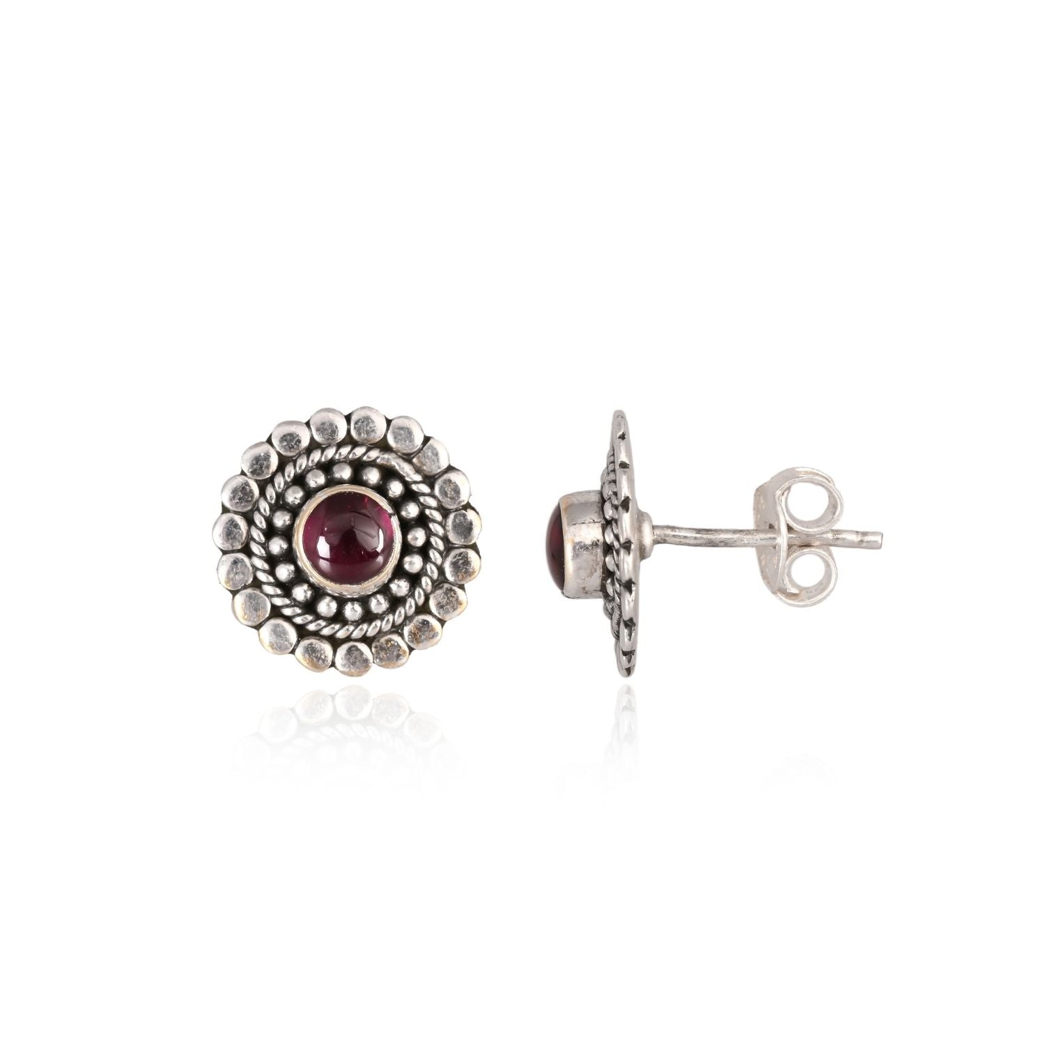 Vintage Oxidized Silver Maroon-Stone Stud