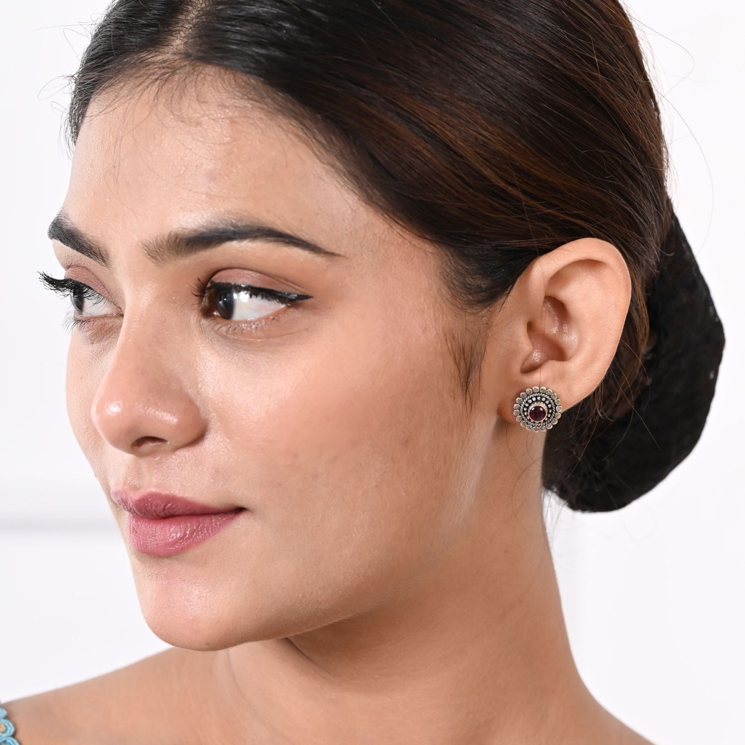 Vintage Oxidized Silver Maroon-Stone Stud