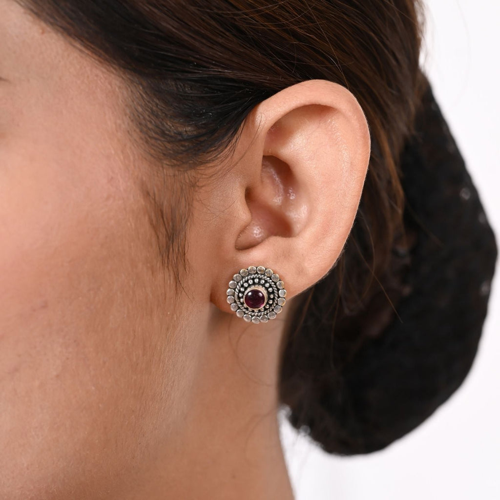 Vintage Oxidized Silver Maroon-Stone Stud
