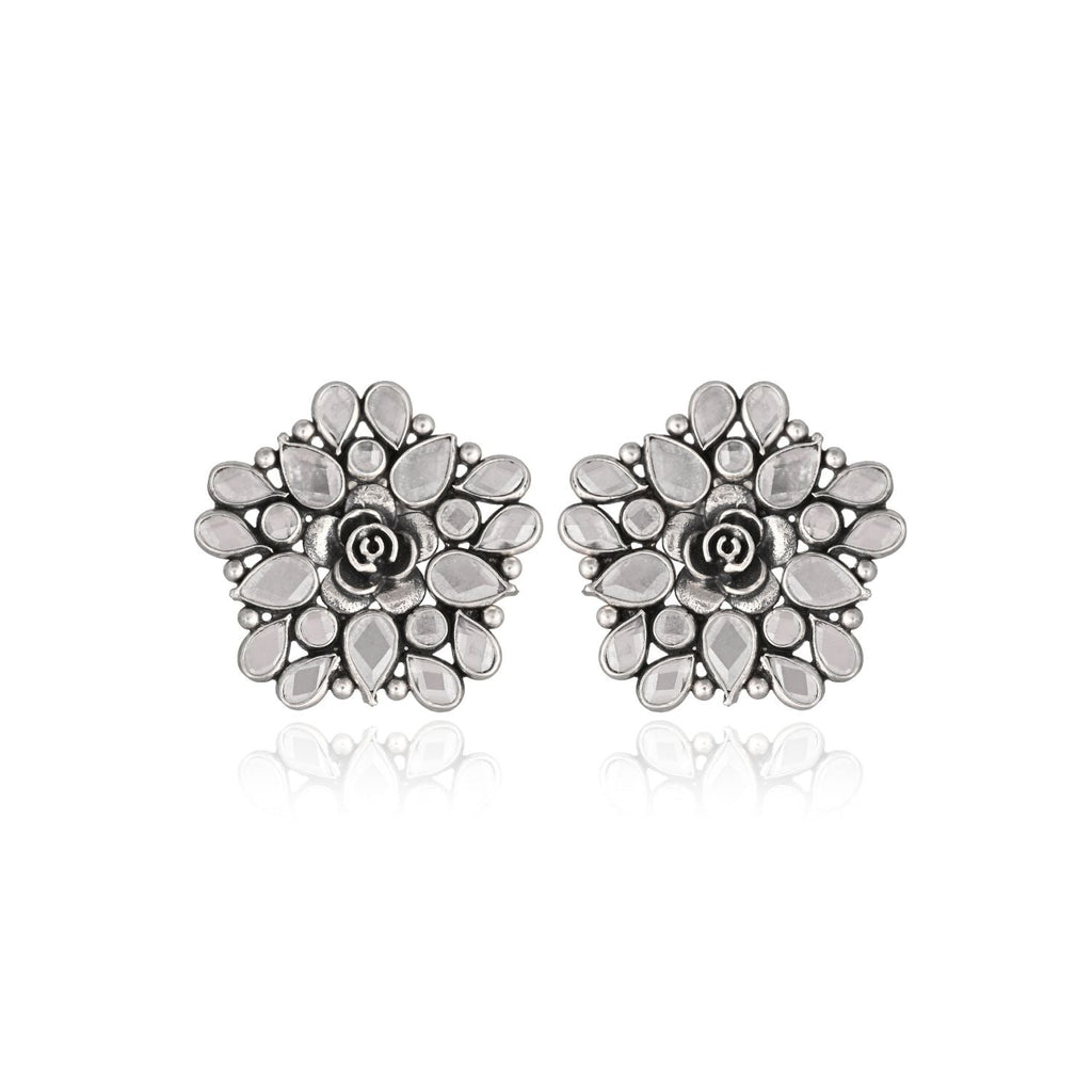 Floral Mirror-Work Oxidized Silver Stud