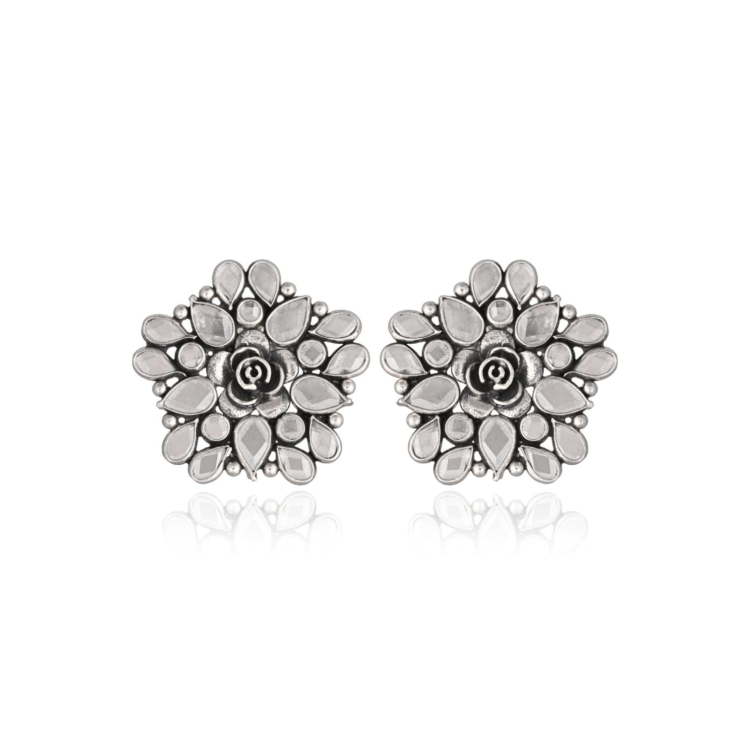 Floral Mirror-Work Oxidized Silver Stud