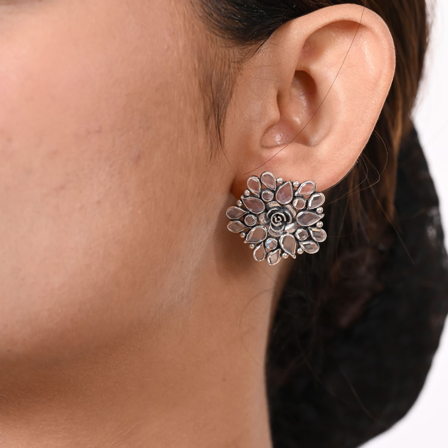 Floral Mirror-Work Oxidized Silver Stud