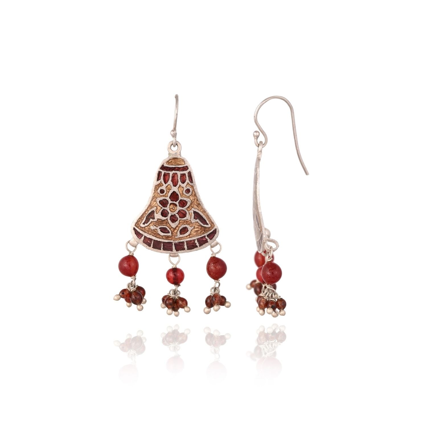 Antique Bell Jhumka Earrings with Red Bead Drops