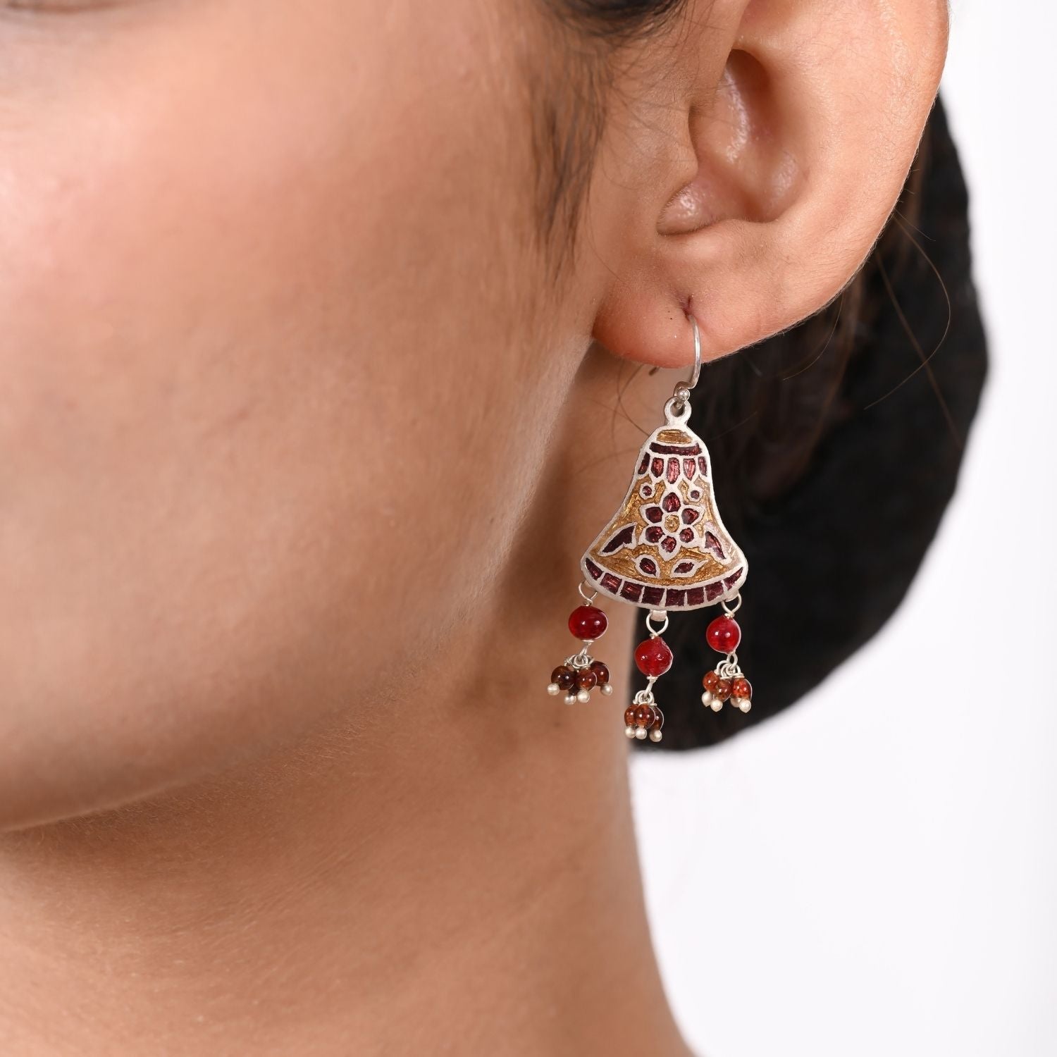 Antique Bell Jhumka Earrings with Red Bead Drops