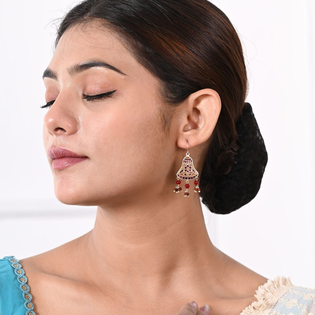 Antique Bell Jhumka Earrings with Red Bead Drops