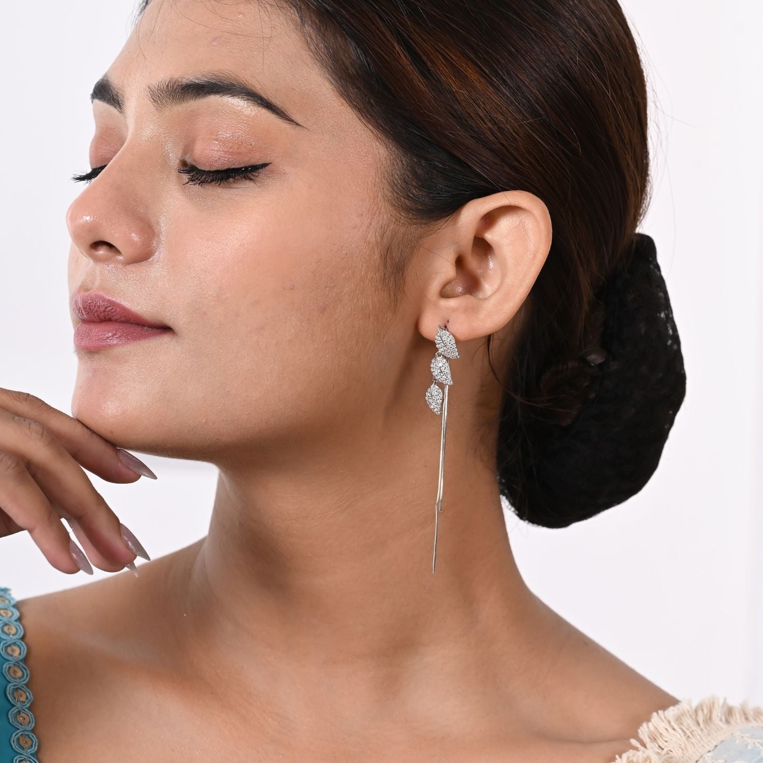 Silver Crystal Leaf Threader Earring