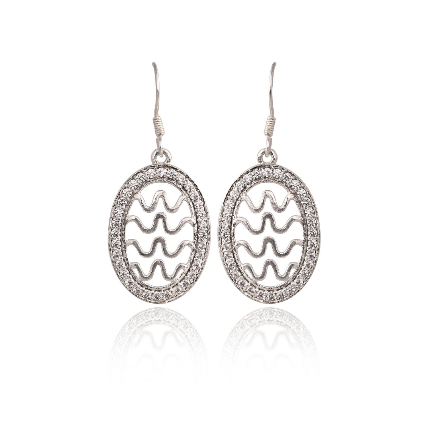 Silver Wave-Cut Oval Crystal Drop Earring