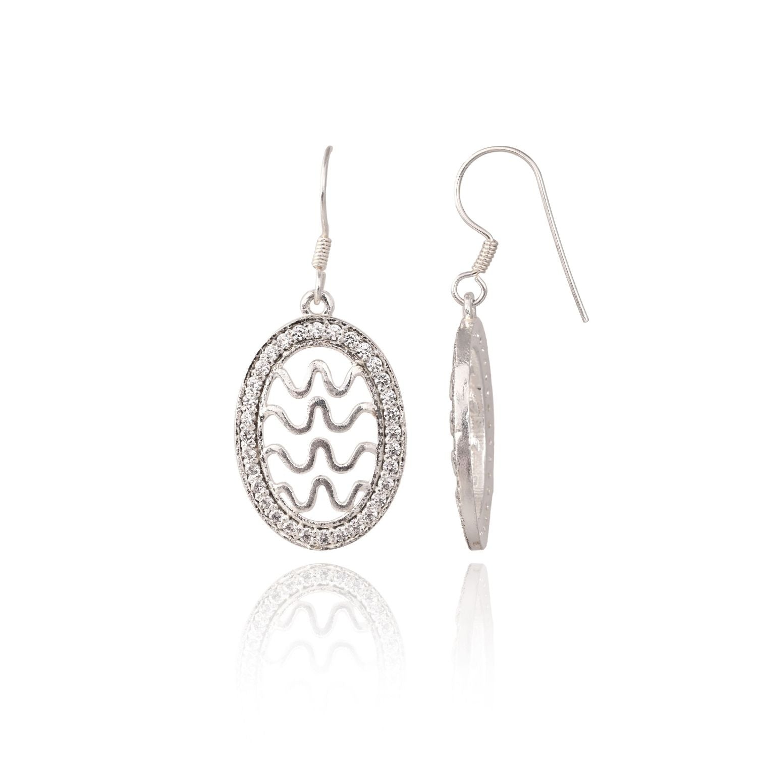 Silver Wave-Cut Oval Crystal Drop Earring