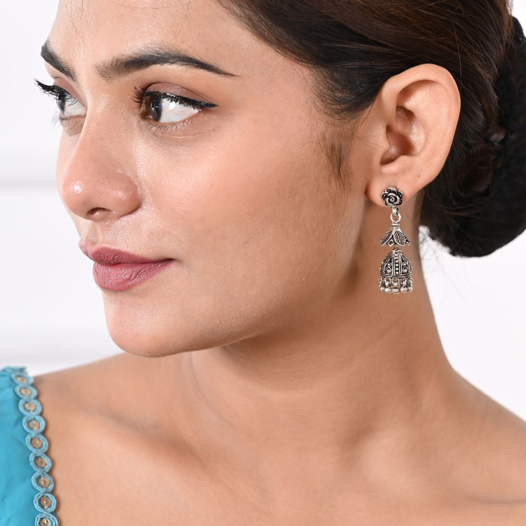 Silver Rose Jhumka Drop Earring