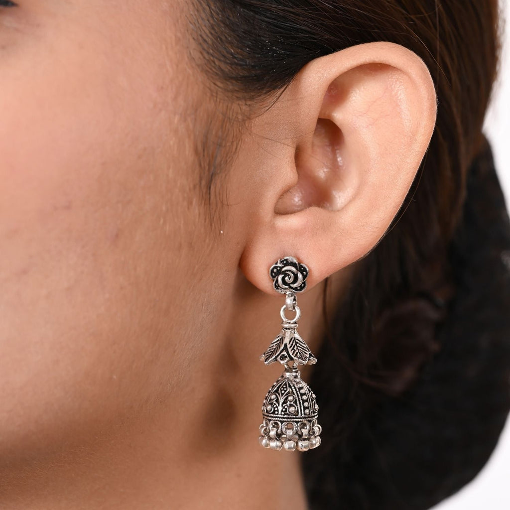 Silver Rose Jhumka Drop Earring