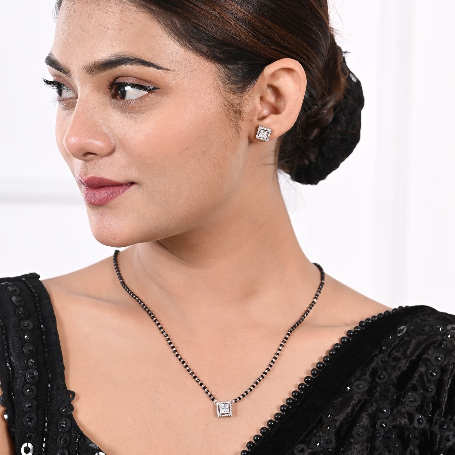 Square-stone Mangalsutra pendant set with matching earrings