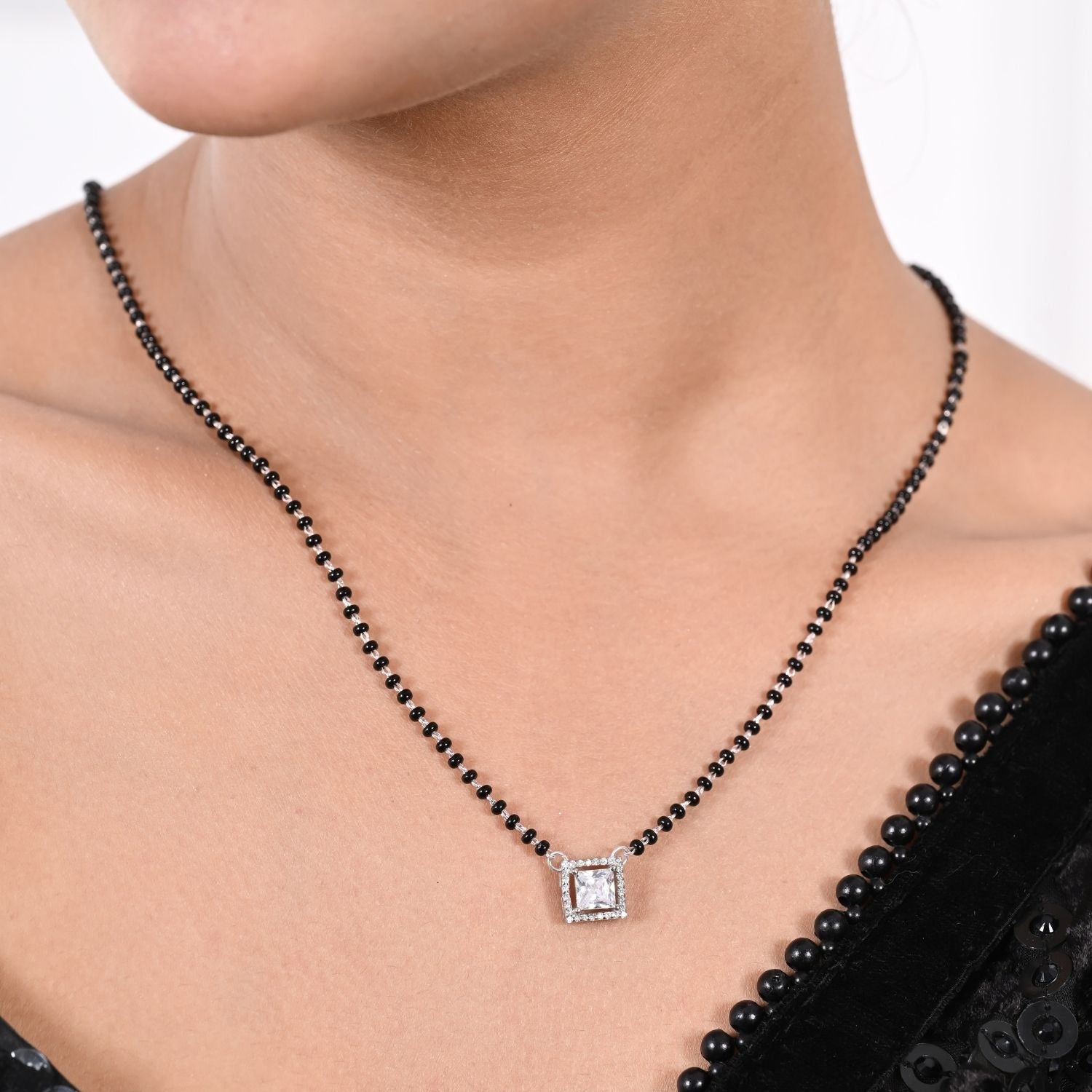 Square-stone Mangalsutra pendant set with matching earrings