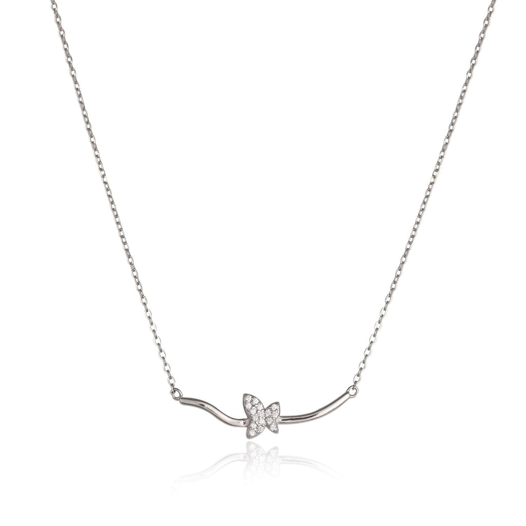 Curved-bar pendant necklace with an angel-wing charm