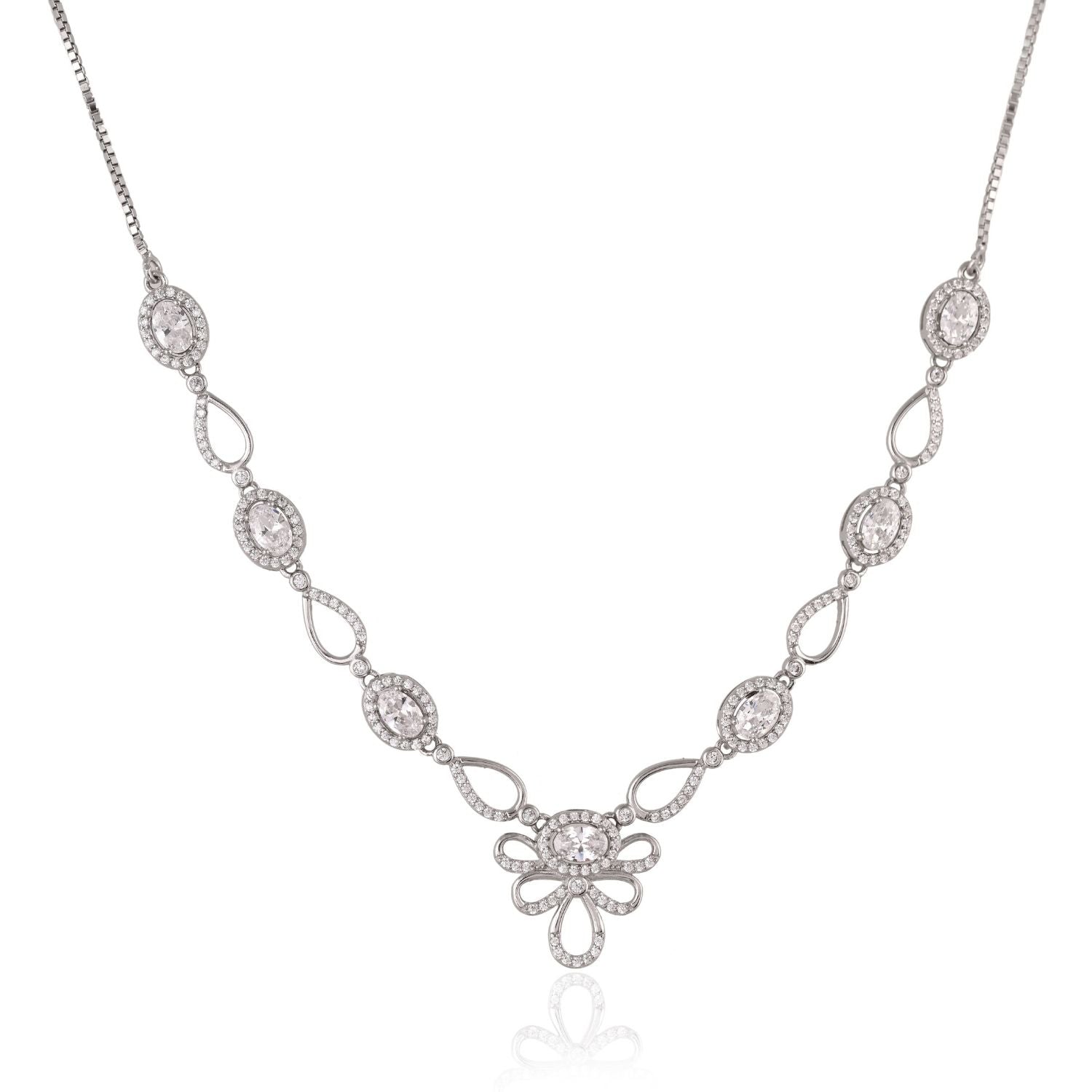 Linked halo-crystal necklace and earring set
