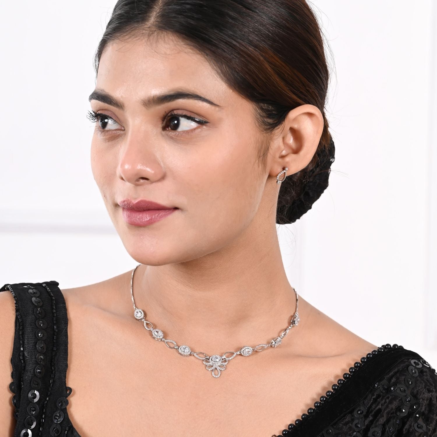Linked halo-crystal necklace and earring set
