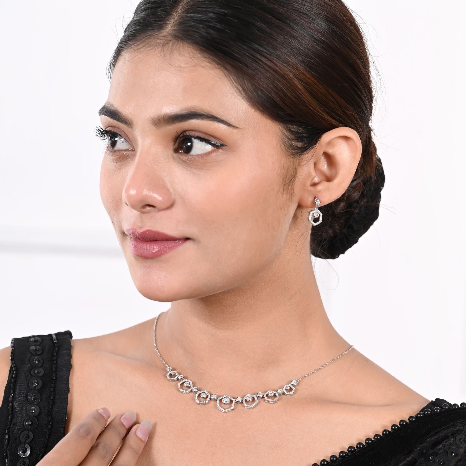 Spiral halo crystal necklace and earring set