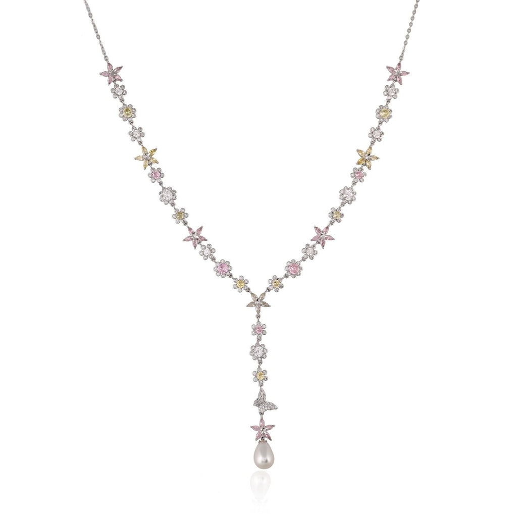 Floral Pearl Drop Silver Necklace and Earring Set