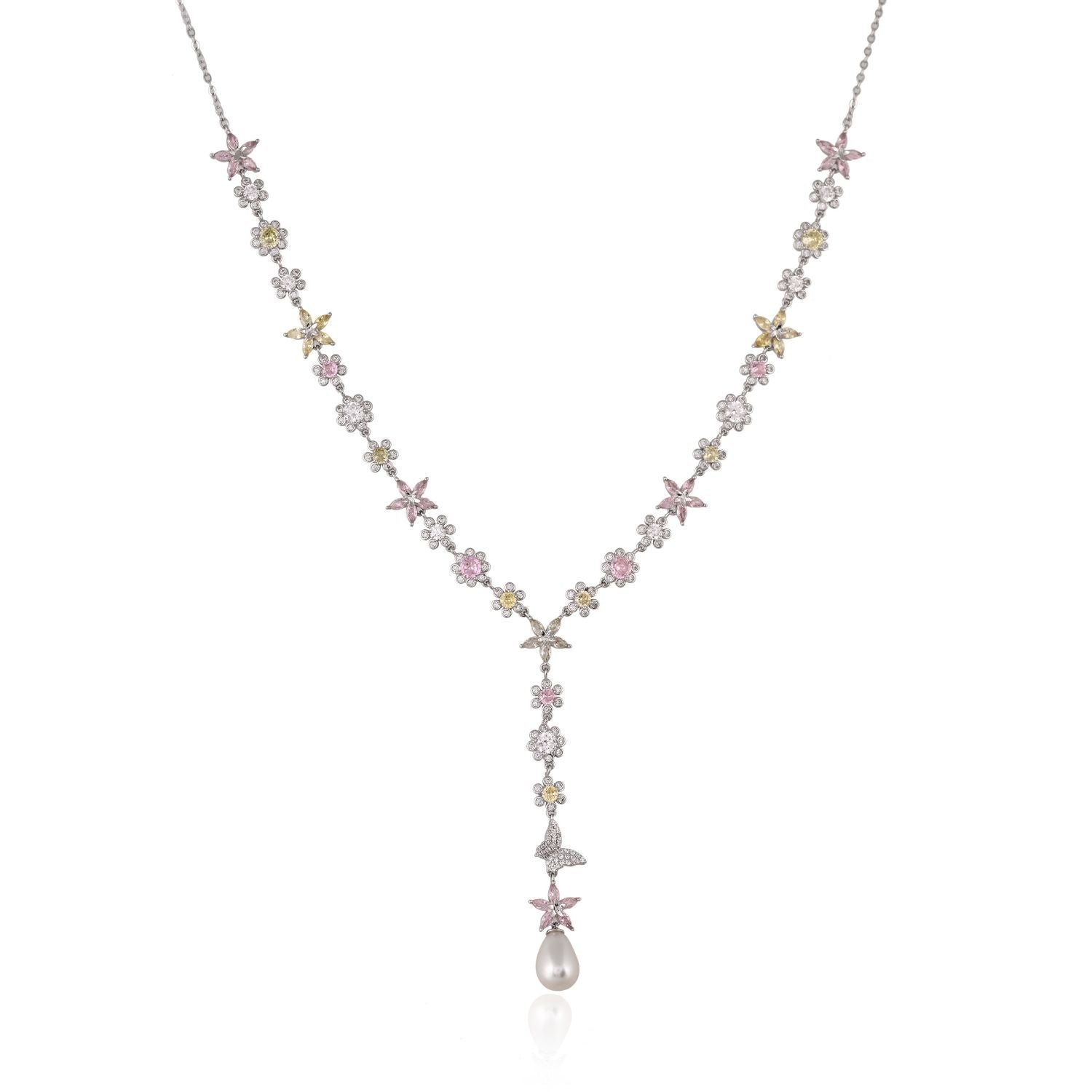 Floral Pearl Drop Silver Necklace and Earring Set