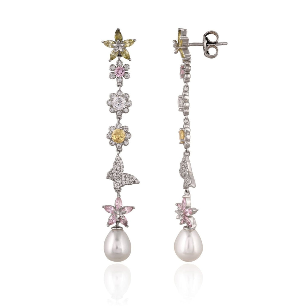 Floral Pearl Drop Silver Necklace and Earring Set