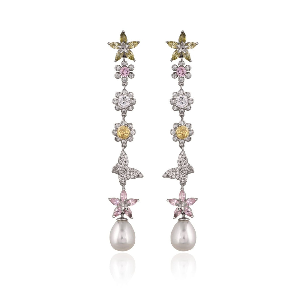 Floral Pearl Drop Silver Necklace and Earring Set