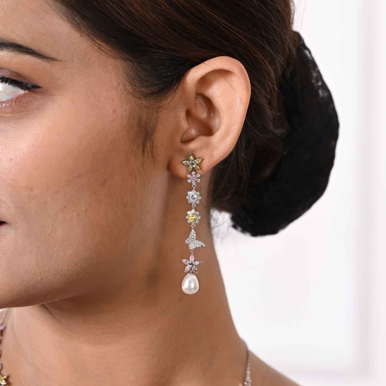 Floral Pearl Drop Silver Necklace and Earring Set