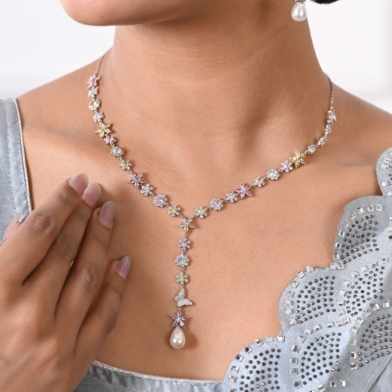 Floral Pearl Drop Silver Necklace and Earring Set