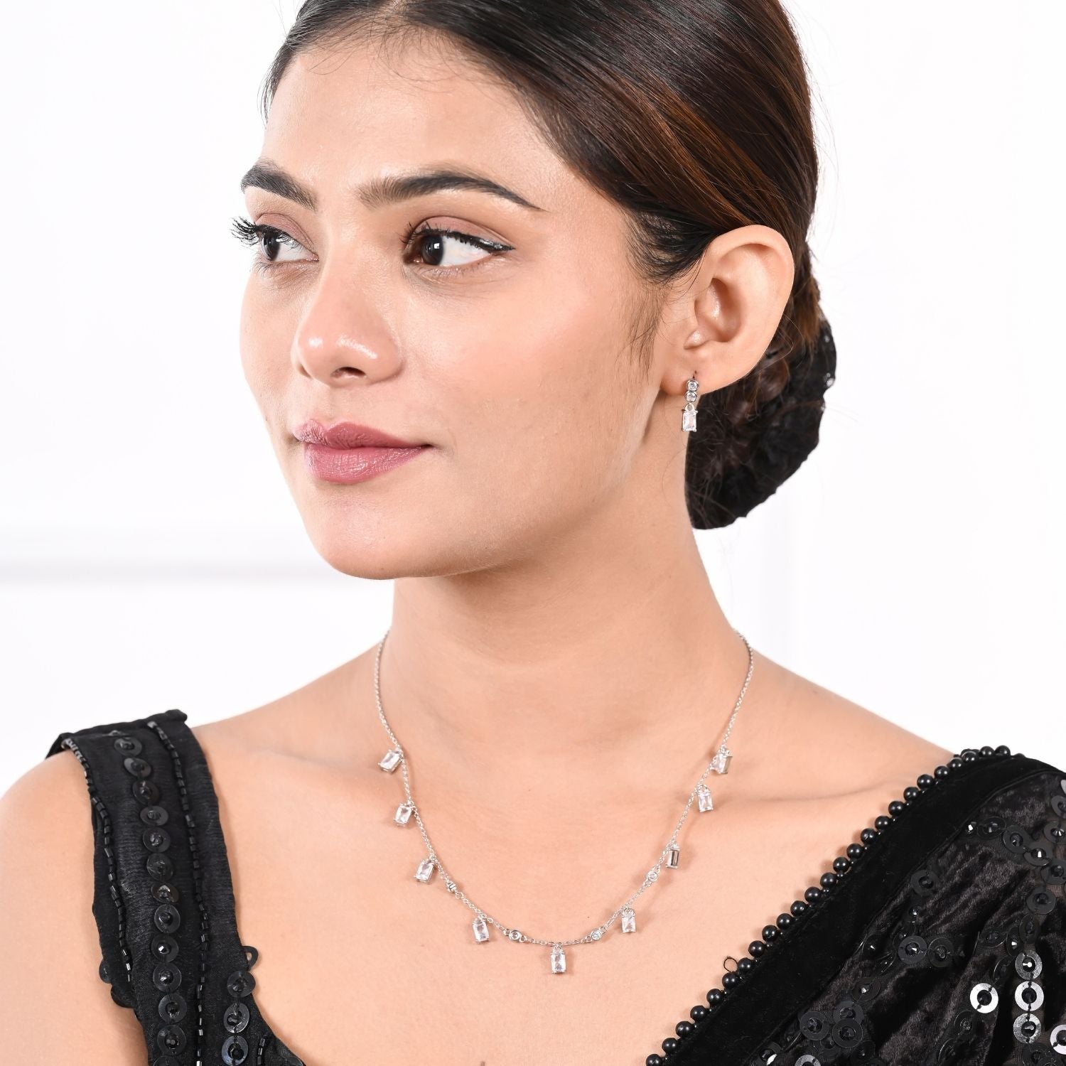 Square-drop crystal necklace and earring set