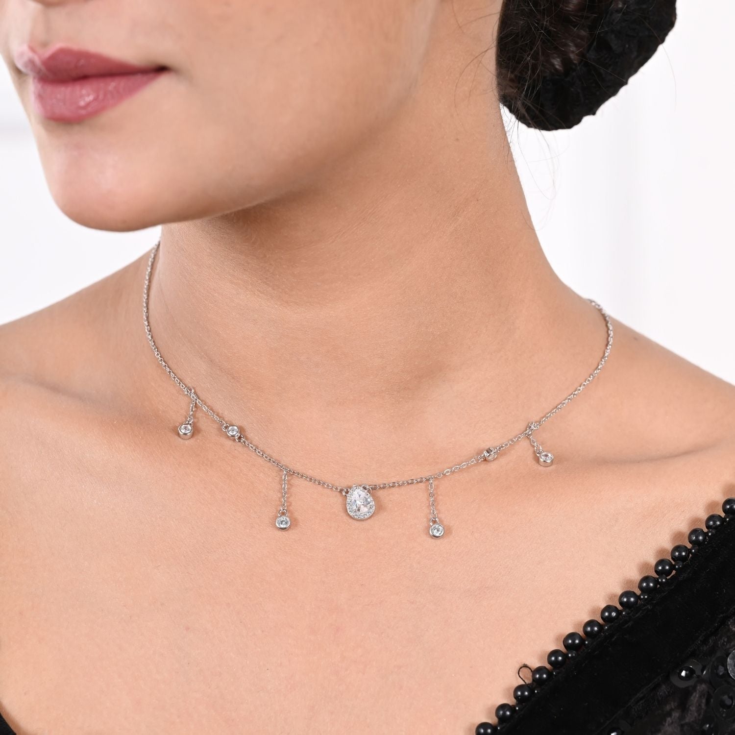 Mini halo-drop necklace and stud earring set