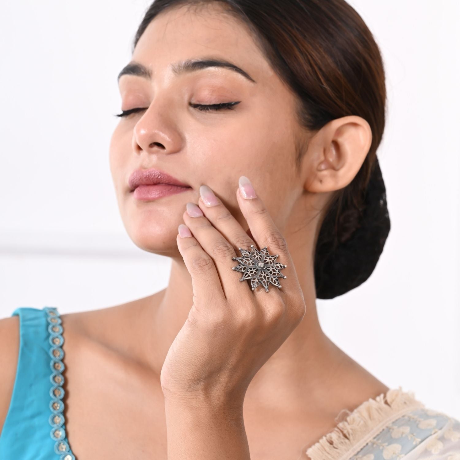Large oxidized silver mandala ring